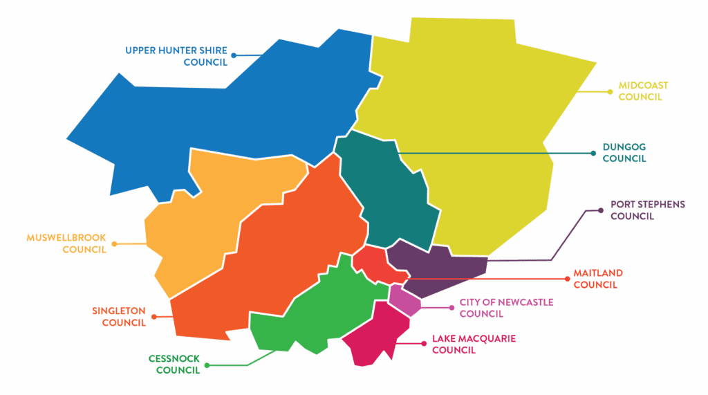 Cessnock City Council, City of Newcastle, Dungog Shire Council, Lake Macquarie City Council, Maitland City Council, MidCoast Council, Muswellbrook Shire Council, Port Stephens Council, Singleton Council, Upper Hunter Shire Council