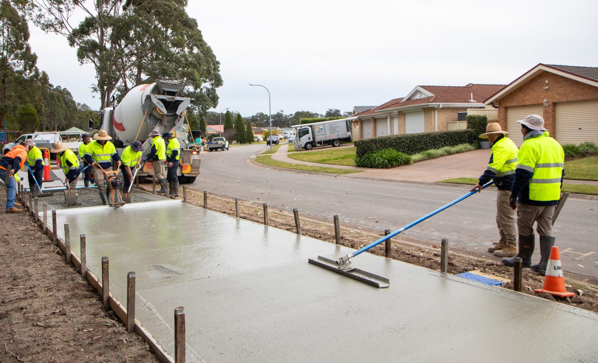 Concrete pour at Lake Macquarie near suburban houses